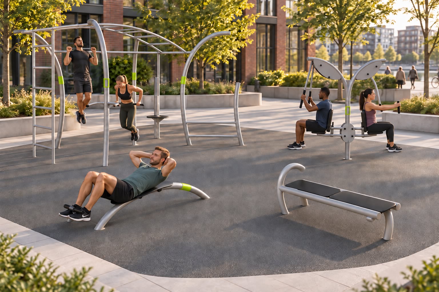 Komplet Norwell træningsplads med udendørs fitnessredskaber i et moderne bymiljø