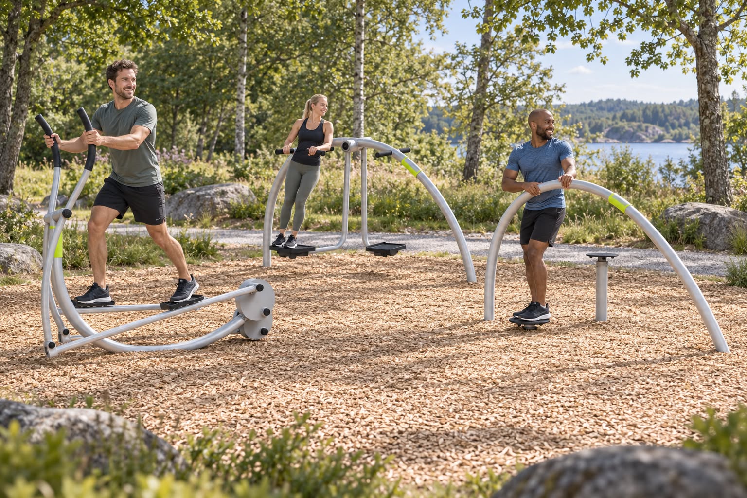 Tre personer træner på Norwell fitnessredskaber i grønne omgivelser